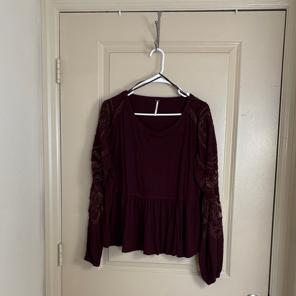 Free People Burgundy Blouse with Lace Detail